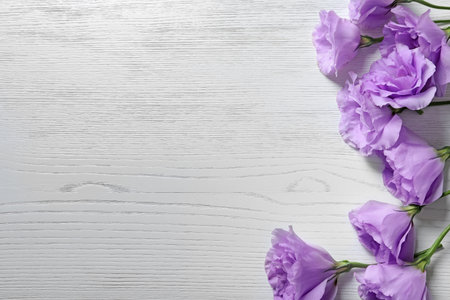 Flat lay composition with beautiful Eustoma flowers on light wooden backgroundの写真素材