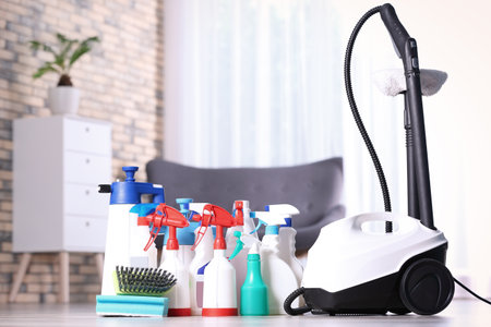 Vacuum cleaner and detergents on floor indoorsの写真素材