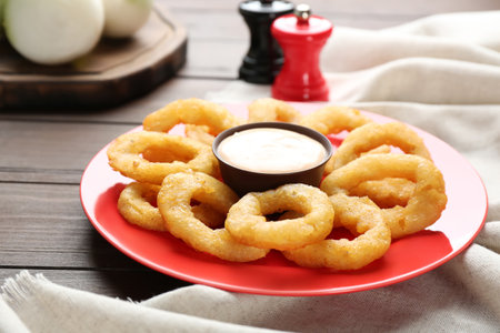 Plate with fried onion rings and sauce on tableの写真素材