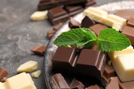 Different kinds of chocolate with mint on gray tableの写真素材