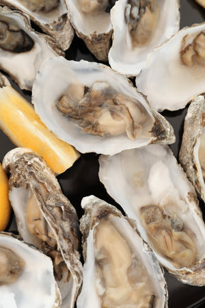 Fresh oysters with cut juicy lemon, top viewの写真素材