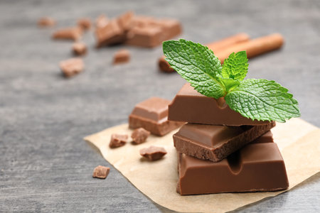 Pieces of milk chocolate with mint on gray tableの写真素材
