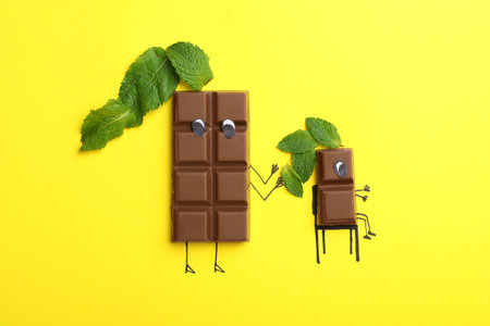 Creative flat lay composition with chocolate and mint on color backgroundの写真素材