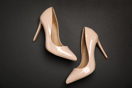 Pair of beautiful shoes on dark background, top viewの写真素材