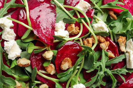 Delicious salad with beet as background, closeupの写真素材