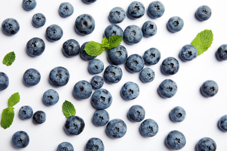 Flat lay composition with tasty blueberry on white backgroundの写真素材