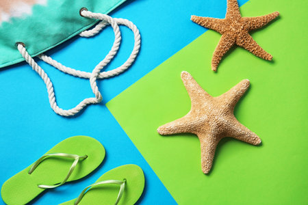 Flat lay composition with starfish and beach objects on color backgroundの写真素材