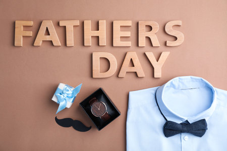 Flat lay composition with male accessories and shirt on color background. Happy Father's Dayの写真素材