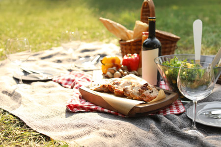 Blanket with food prepared for summer picnic outdoorsの写真素材