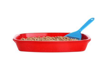 Cat toilet with scoop on white background. pet careの写真素材