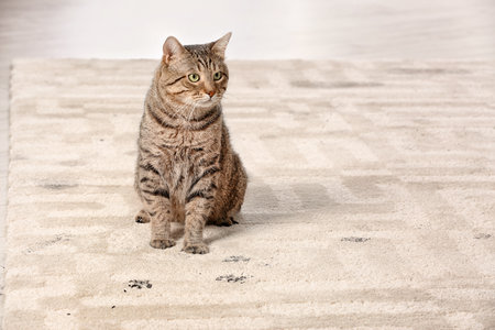Cute cat leaving muddy paw prints on carpetの写真素材