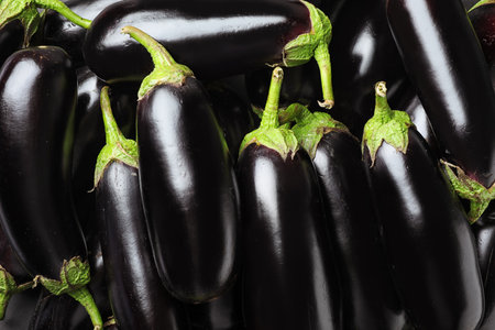 Tasty raw ripe eggplants as background, top viewの写真素材