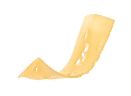Slice of tasty cheese on white background