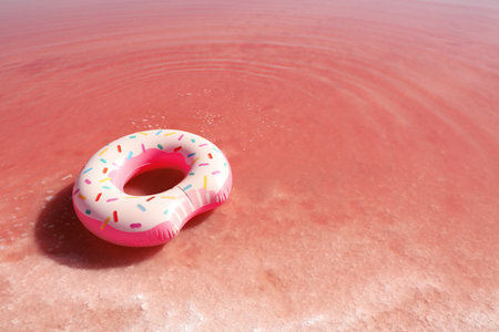 Inflatable ring floating in pink lake on sunny dayの写真素材