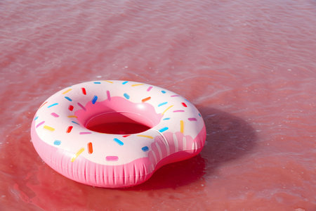 Bright inflatable ring floating in pink lake on summer dayの写真素材
