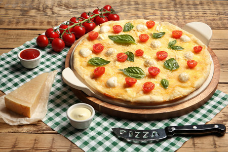 Composition with tasty homemade pizza on wooden tableの写真素材
