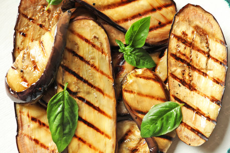 Plate with tasty fried eggplant slices, closeupの写真素材