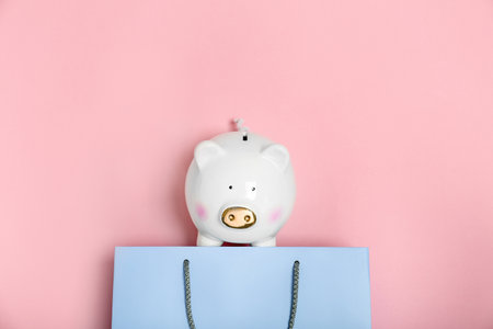 Flat lay composition with shopping bag and piggy bank on color backgroundの写真素材