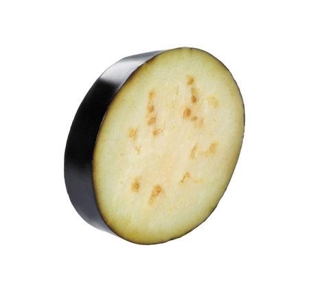 Slice of ripe eggplant on white backgroundの写真素材