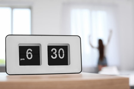 Digital alarm clock on table. Time to wake upの写真素材