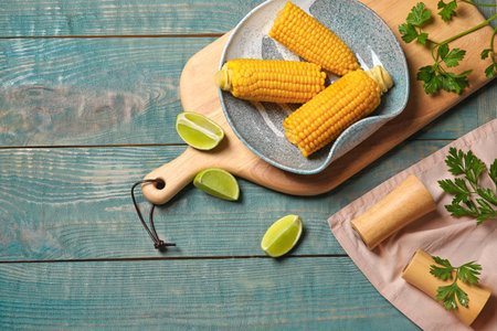 Flat lay composition with corn cobs on wooden background with space for textの写真素材
