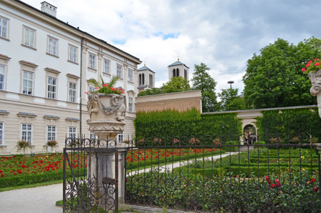 SALZBURG, AUSTRIA - JUNE 22, 2018: Beautiful Mirabell garden with blooming flowersのeditorial素材