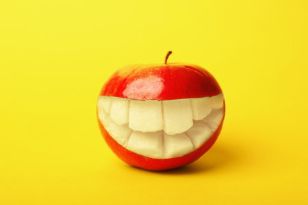 Funny smiling apple on color backgroundの写真素材