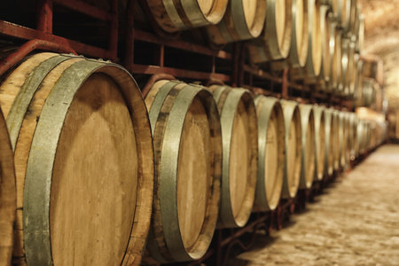 Large wooden barrels in wine cellar, closeupの写真素材