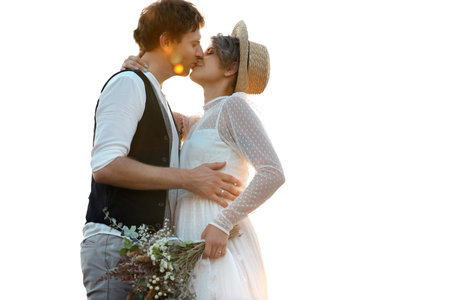 Happy newlyweds with beautiful field bouquet kissing outdoorsの写真素材