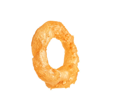 Delicious golden breaded and deep fried crispy onion ring on white backgroundの写真素材