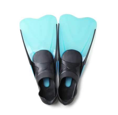Pair of blue flippers on white background, top viewの写真素材