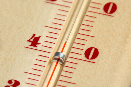 Weather thermometer showing high temperature, closeup view