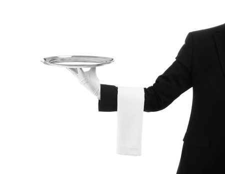 Waiter holding metal tray on white backgroundの写真素材