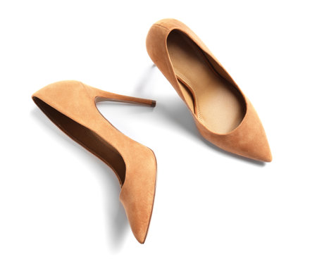 Pair of beautiful shoes on white background, top viewの写真素材