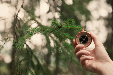 Woman checking modern compass in wilderness, closeup with space for text
