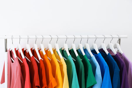 Rack with bright clothes on white background. Rainbow colorsの写真素材