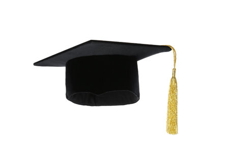 Graduation hat with gold tassel isolated on whiteの写真素材