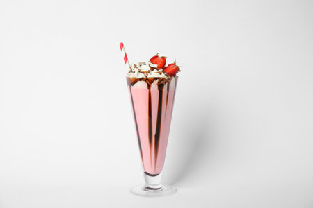 Glass of tasty milk shake on white backgroundの写真素材