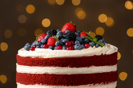 Delicious homemade red velvet cake against blurred lightsの写真素材