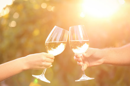 Couple with glasses of white wine outdoors, closeupの写真素材