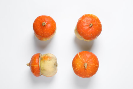 Flat lay composition with orange pumpkins on white background. autumn holidaysの写真素材