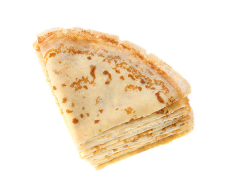 Stack of tasty thin folded pancakes on white background, top viewの写真素材