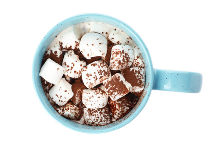 Cup of chocolate milk with marshmallows isolated on white, top viewの写真素材