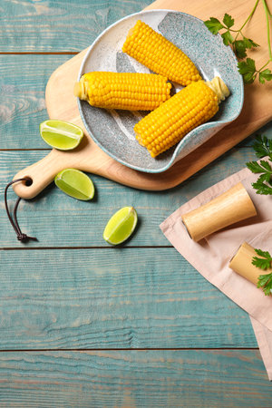 Flat lay composition with corn cobs on wooden background with space for textの写真素材