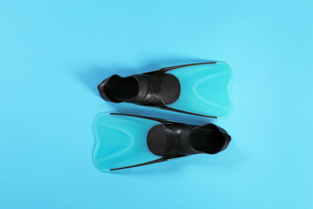 Swimming flippers on color background, top viewの写真素材