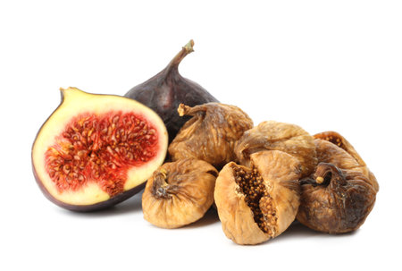 Delicious dried and fresh figs on white background. Organic snackの写真素材