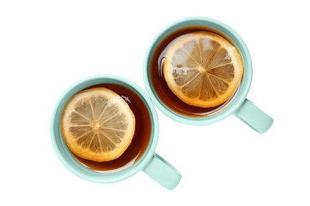 Cups of tea with lemon on white background, top viewの写真素材