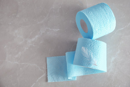 Toilet paper rolls with feather on gray background, top view. Space for textの写真素材