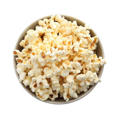 Bowl with delicious fresh popcorn on white background, top viewの写真素材