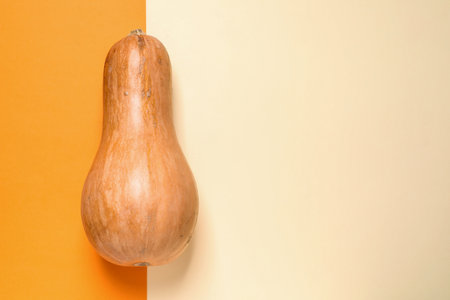 Pumpkin and space for text on color background, top view. autumn holidaysの写真素材